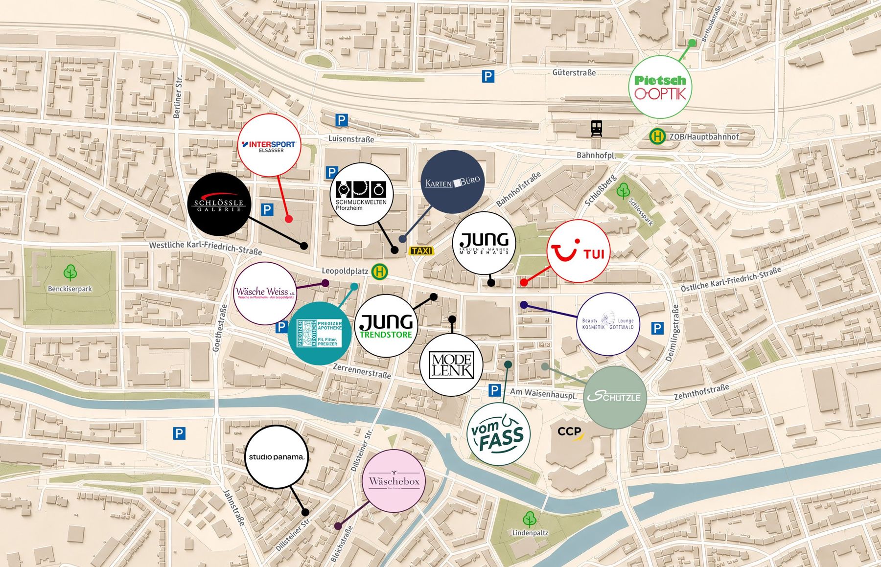 Karte der Pforzheimer Innenstadt mit allen Lieblingsläden